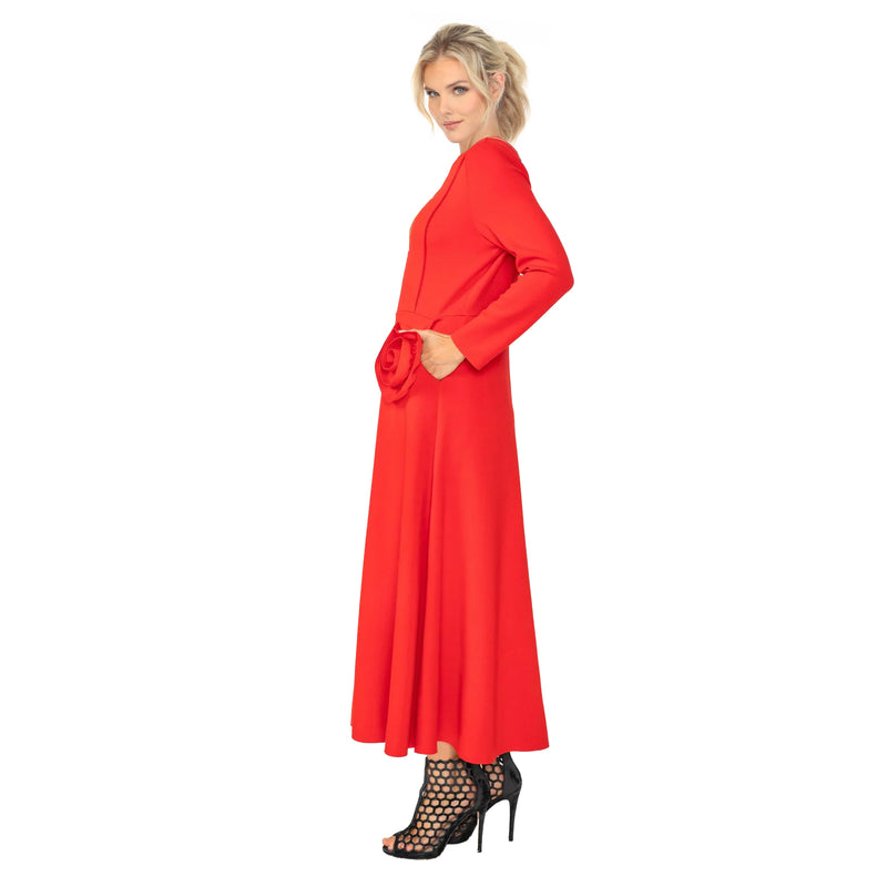 Red Rosette Pocket Midi Dress - 6701D-RD Red Rosette Pocket Midi Dress - 6701D-RD