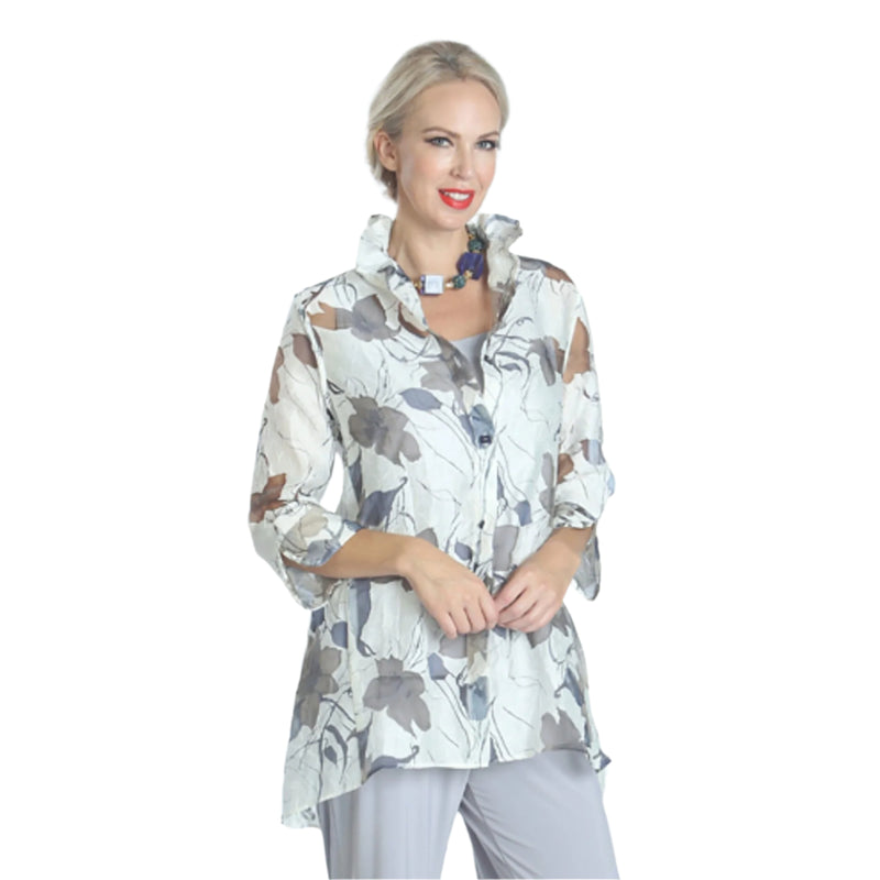 Sheer Floral Hi-Low Blouse in Blue/Grey - 2277J-BG -