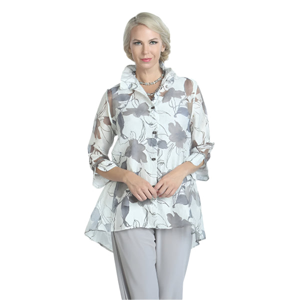 Sheer Floral Hi-Low Blouse in Blue/Grey - 2277J-BG -