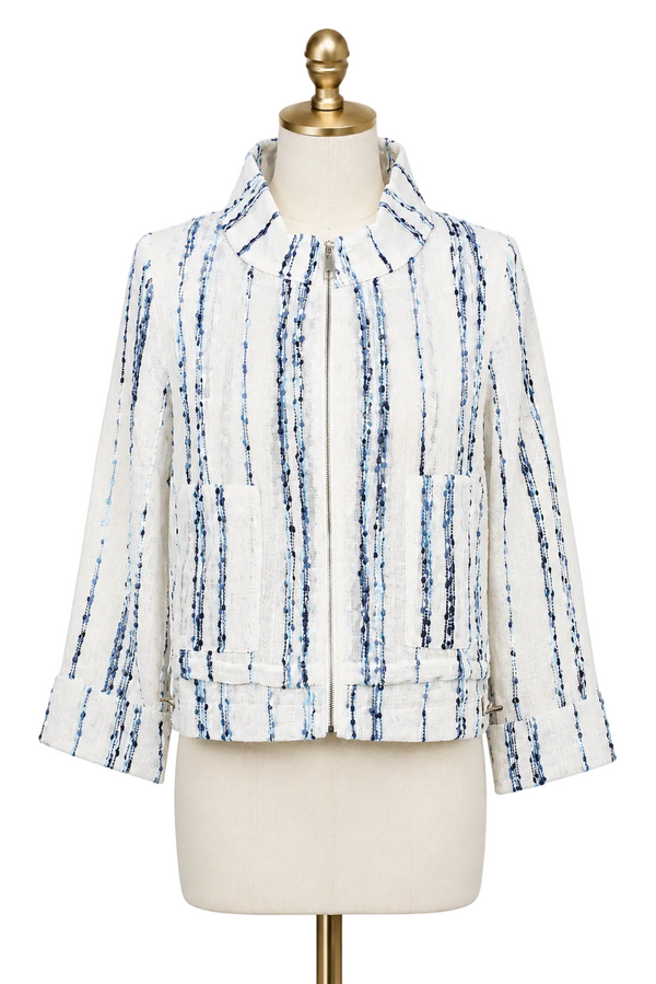 Textured Stripe Cinch-Waist Jacket in Ivory & Blue - 5045