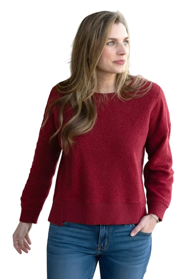 High-Low Heathered Fleece Pullover in Garnet - 23015