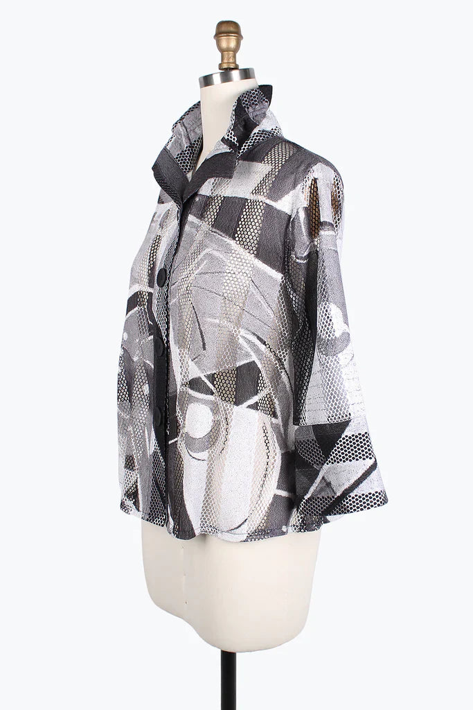 Damee Brushstroke Print Lace Net Jacket  - 2386-GRY - Sizes L - XXL Only!