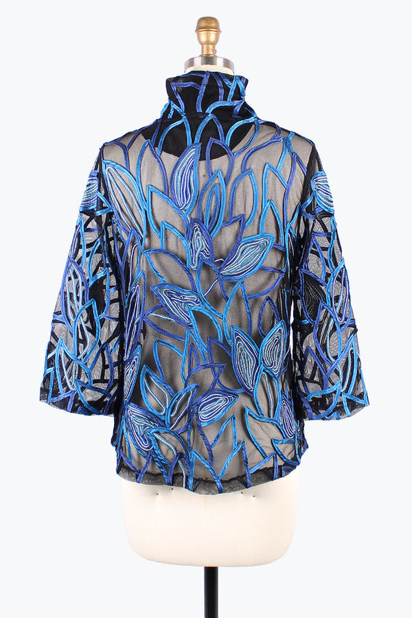 Damee Vibrant Floral Soutache on Mesh Jacket in Blues - 2395-BLU