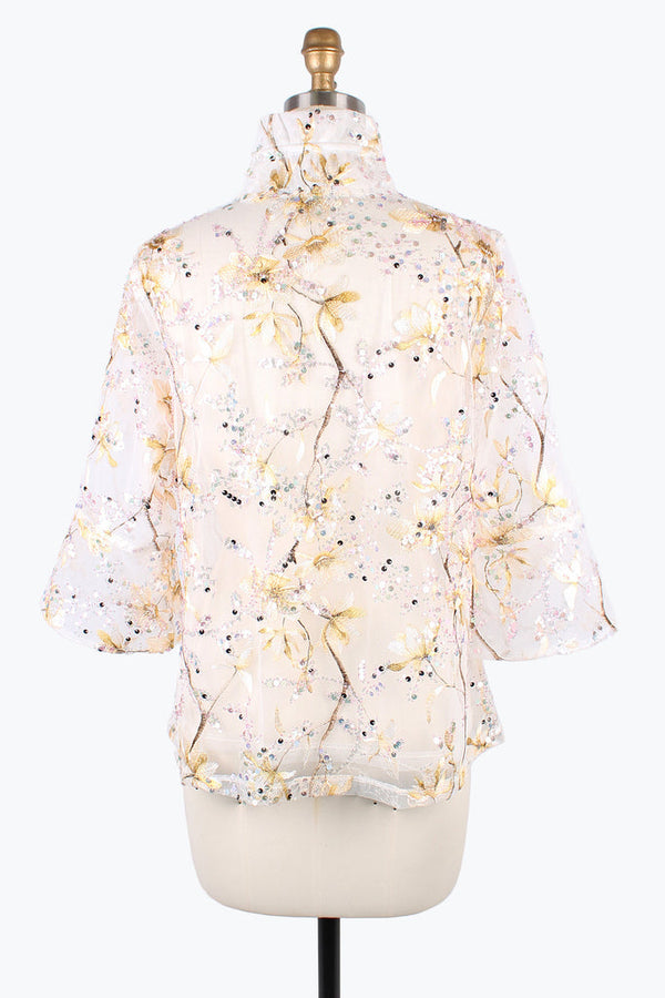 Damee Sequin & Floral Embroiderey on Mesh Jacket in Gold & White - 2396