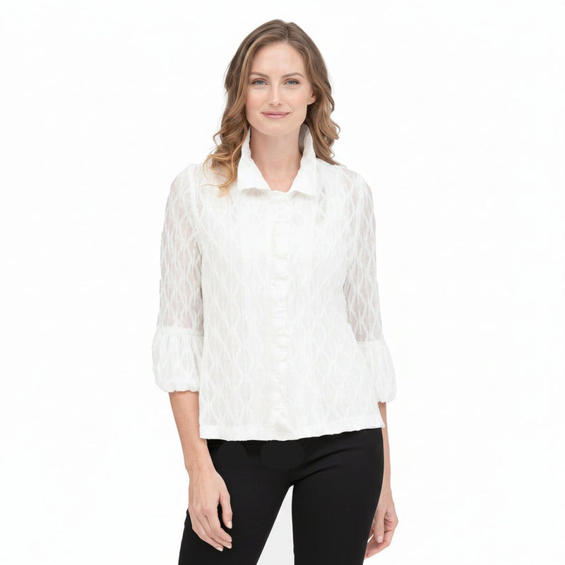 Diamond Texture Ruffle Front Jacket in White - 2397-WHT