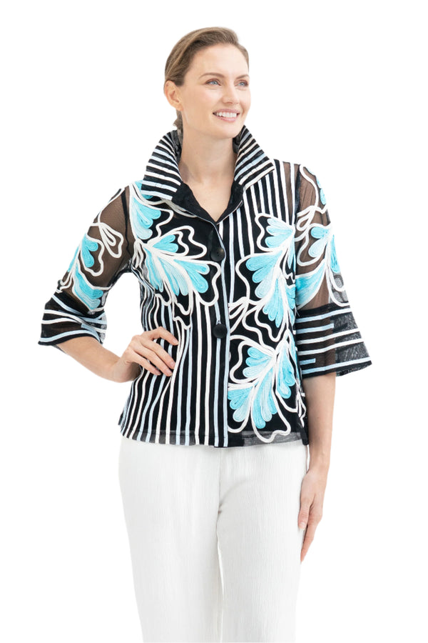 Floral Soutache Jacket in Aqua Blue - 2407-BLU