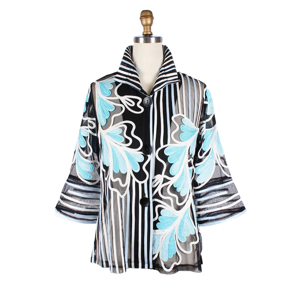 Sheer Soutache Jacket w/ Stripes & Floral Design in Blue - 2407-BLU