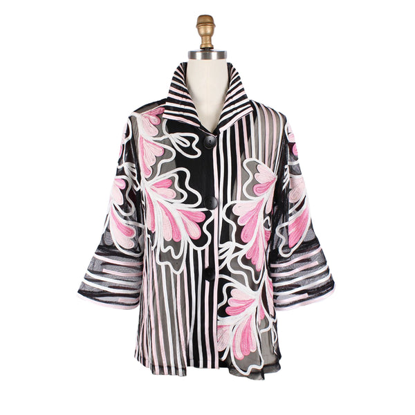 Sheer Soutache Jacket w/ Stripes & Floral Design in Pink - 2407-PNK