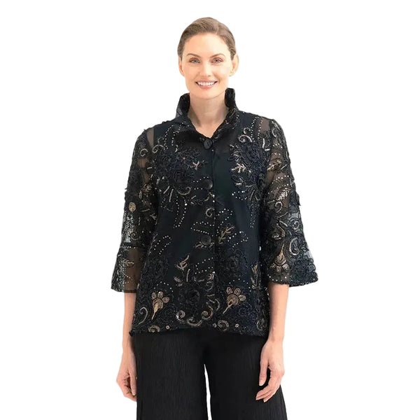 Elegant Black & Gold Embroidered Mesh Jacket  - 2421-BLK