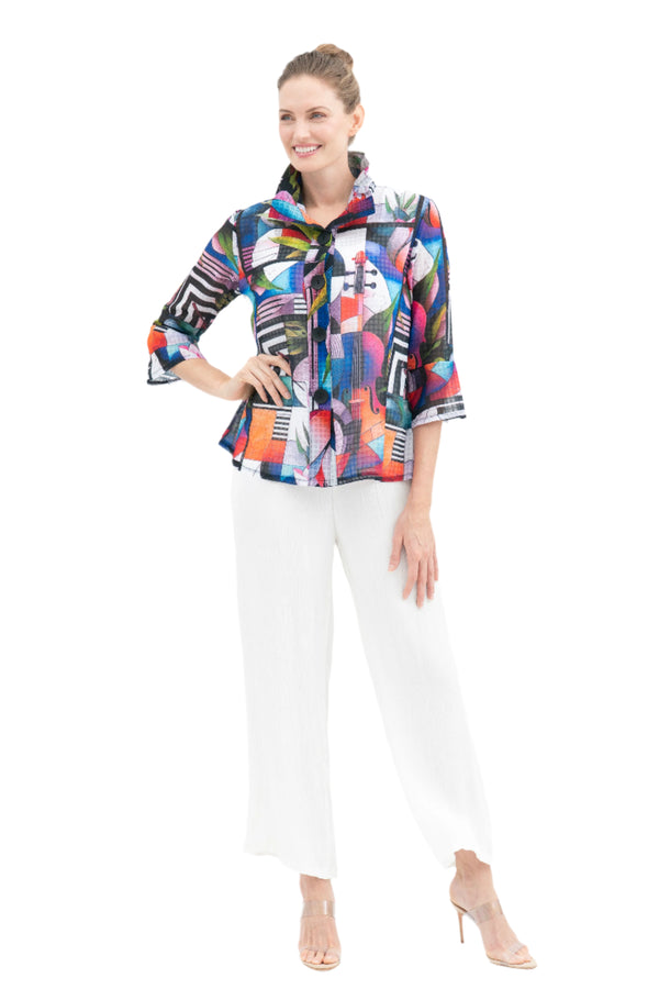 Colorful  Musical Collage Print Button Front Jacket - 2440-MLT