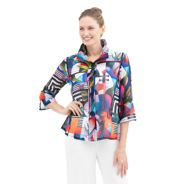 Colorful  Musical Collage Print Button Front Jacket - 2440-MLT