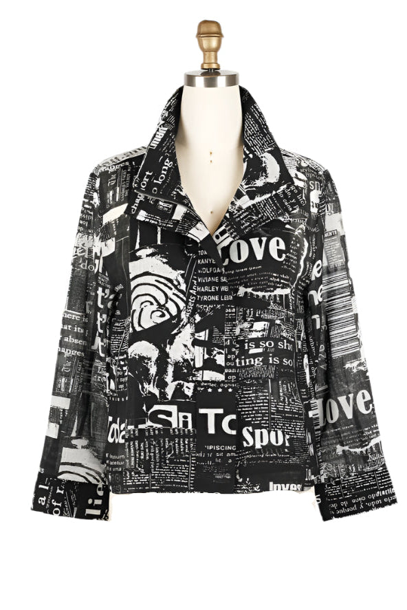 Black & White Newspaper-Print Biker Jacket - 2447