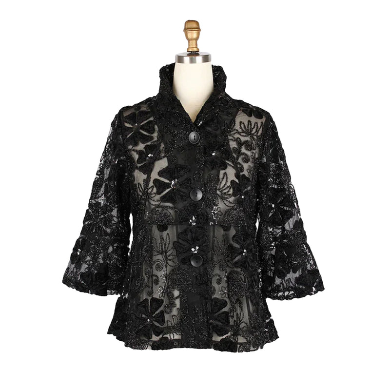 Embroidered Mesh Evening Jacket With Sequin - 2462-BLK