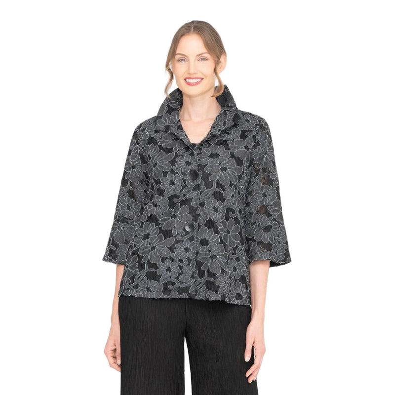 Floral Jacquard Bell Sleeve Jacket in Black - 2466-BLK