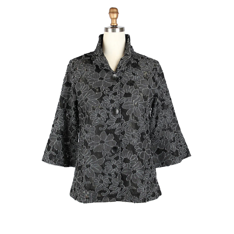 Floral Jacquard Bell Sleeve Jacket in Black - 2466-BLK