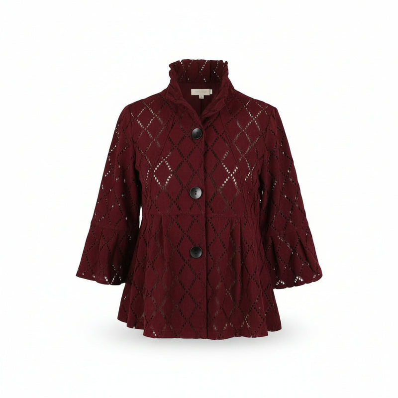 Harlequin-Inspired Diamond Eyelet Jacket in Rich Burgundy - 2469-MRN