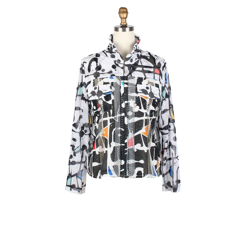 Abstract Art Print Perforated Zip Front Jacket - 2490