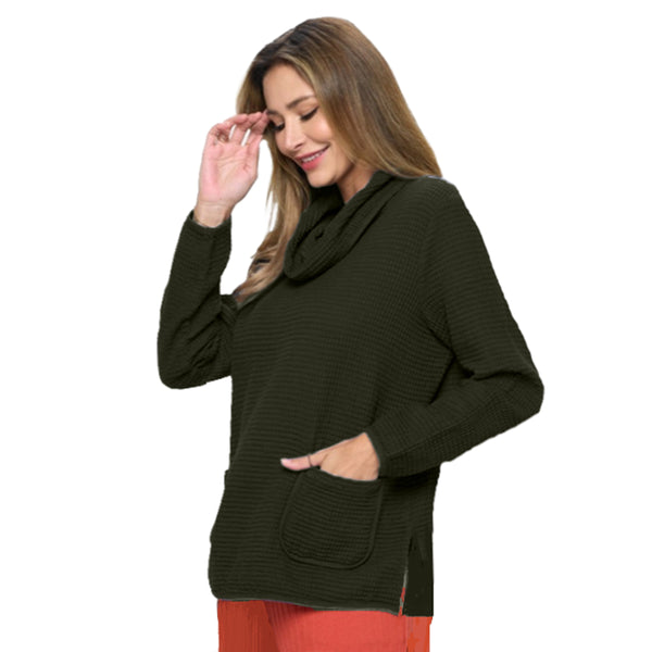 Cowl-Neck Waffle Tunic Top in Military - FW-137-MIL