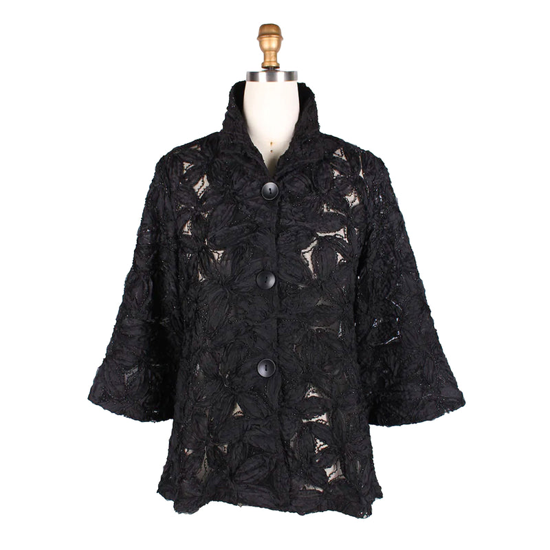 Damee "Elegance" Beaded Floral Mesh Jacket in Black - 2381-BLK