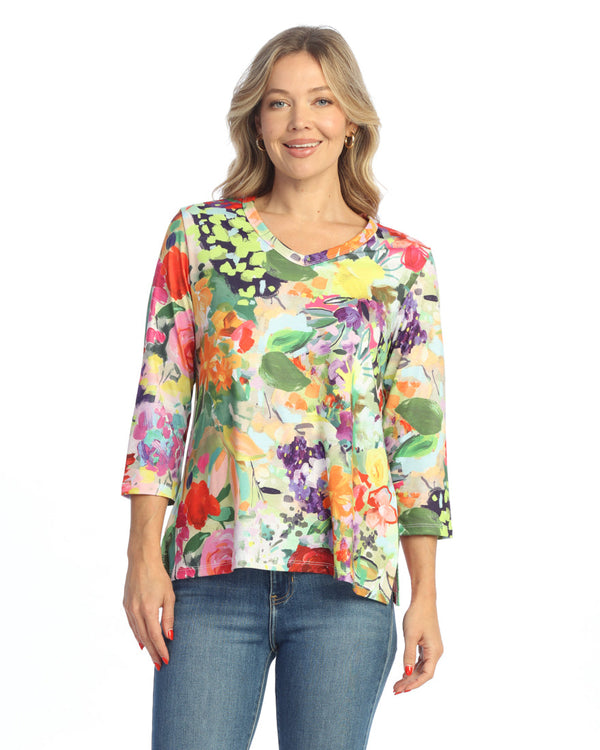 “Peonies” Soft-Touch V-Neck Top w/ Side Slits - 26-2060