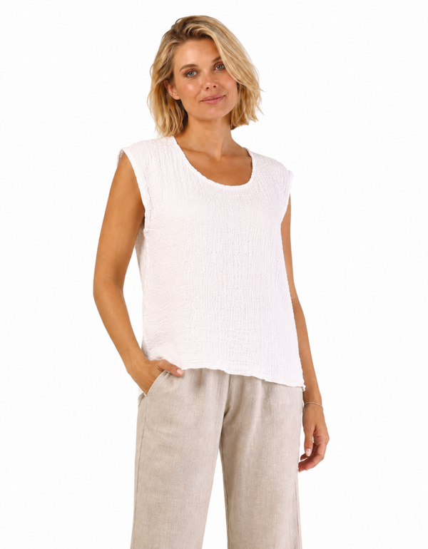 Seersucker Cap Sleeve Top in White - 46974