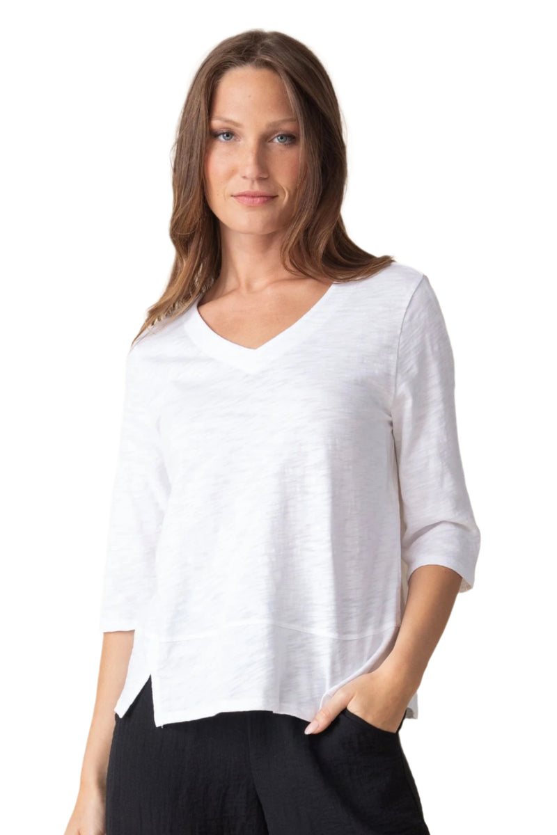 Textured V-Neck Cotton Tee in White - 27515-WHT