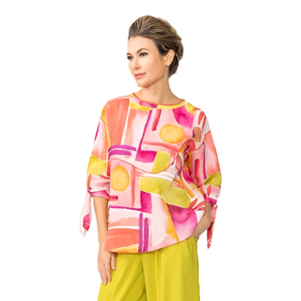 Abstract Print Tie Cuff Tunic in Pink Multi - 6859T-PNK