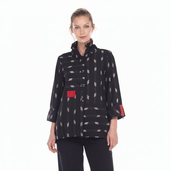 Diamond-Print Button-Front Jacket with Red Contrast Trim - 2881