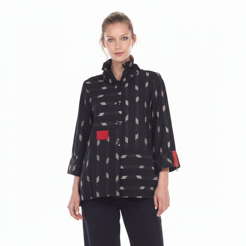 Diamond-Print Button-Front Jacket with Red Contrast Trim - 2881