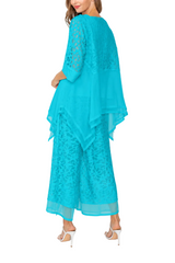Textured Floral Tunic with Mesh Trim in Turquoise  - 7798T-Turq