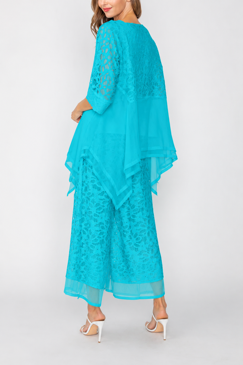 Floral Textured Ankle Pant in Turquoise - 7789P-TQ