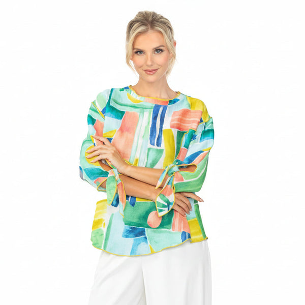 Abstract Print Tie Cuff Tunic in Blue Multi - 6859T-BLU