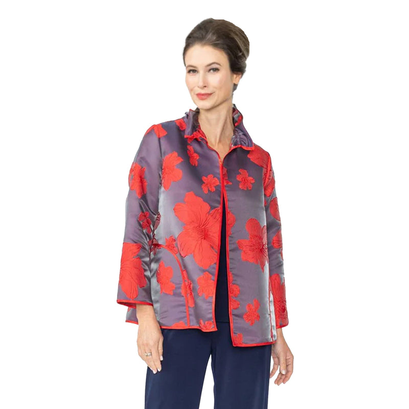 IC Collection Blossom Jacquard Open Front Jacket In Red - 4757J-RD