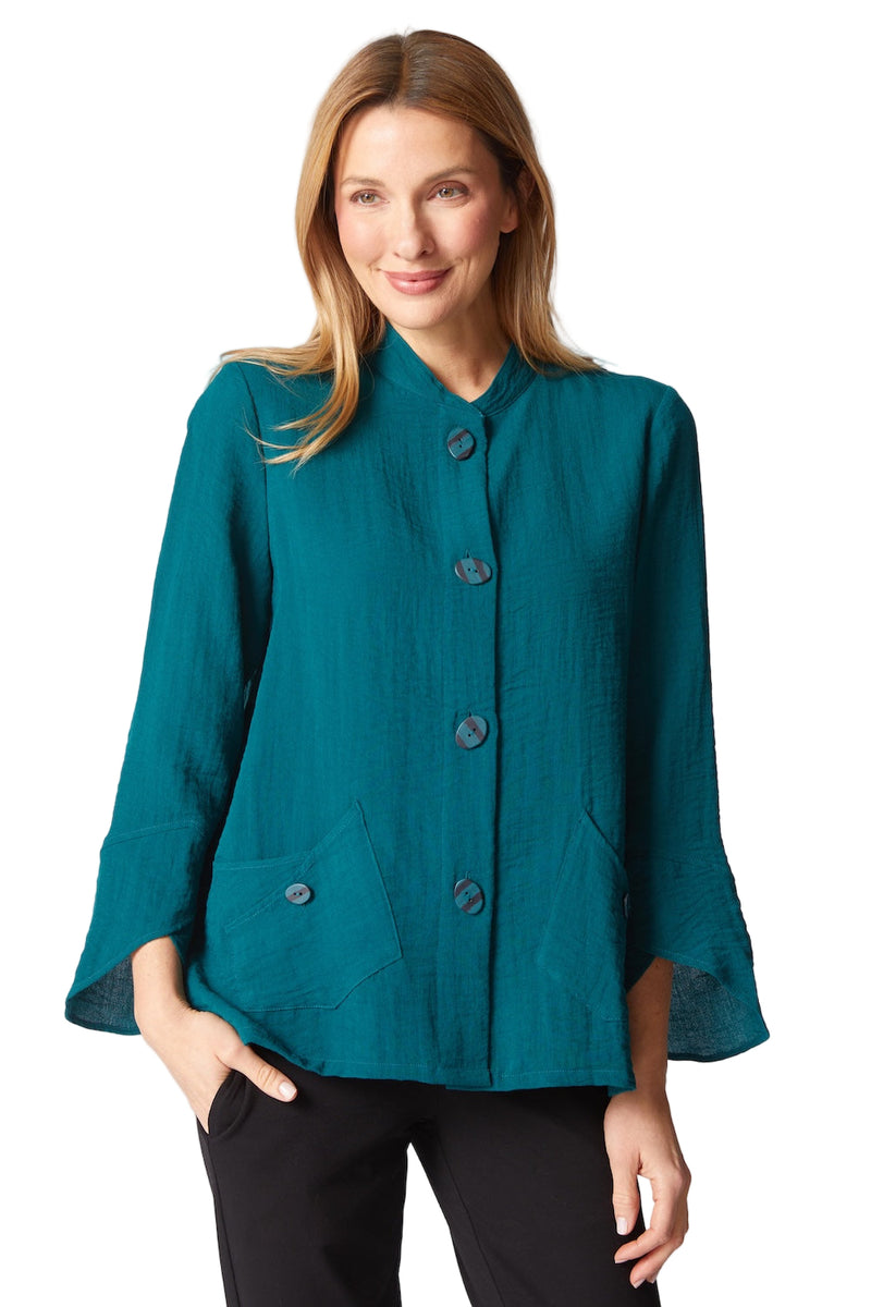 Textured Button-Front Jacket with Tulip Sleeves - 30618