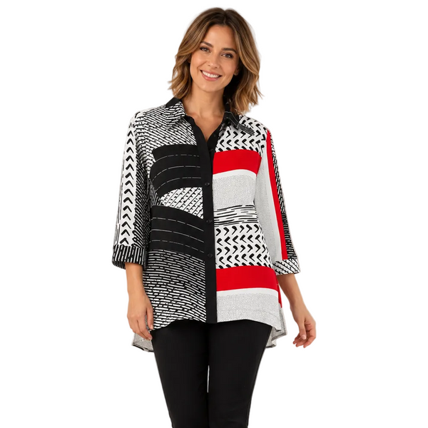 Abstract-Print Blouse in Black, Ivory & Red - 4027