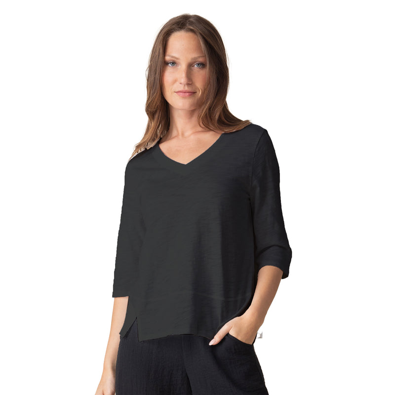 Textured V-Neck Cotton Tee in Black - 27515-BLK