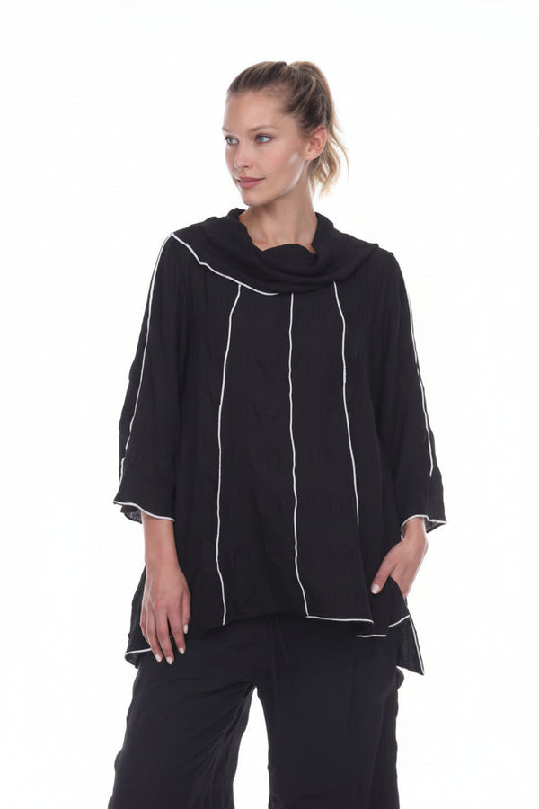 Pucker Weave Cowl-Neck Tunic with Contrast Piping - 3119-BLK