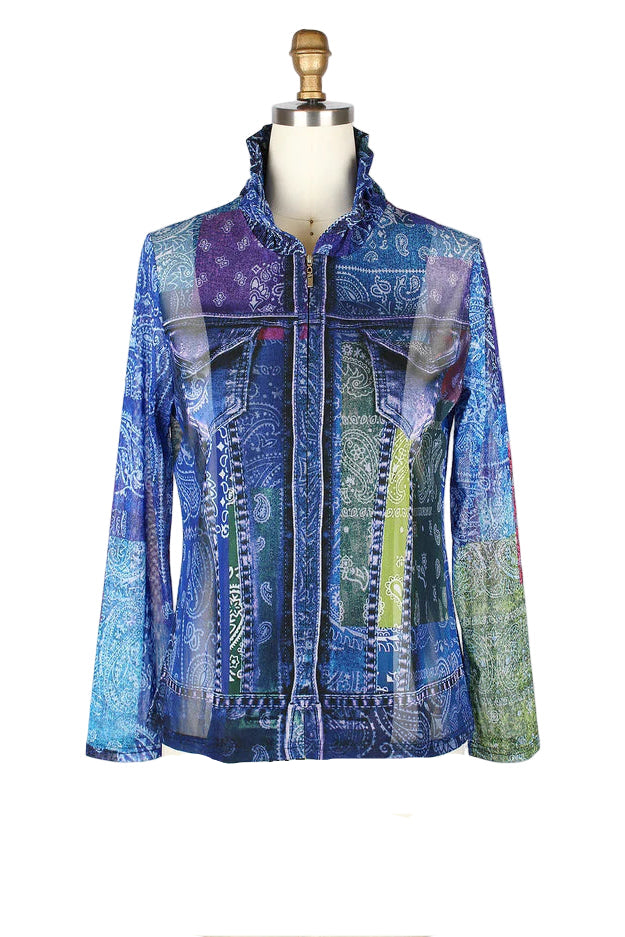 Paisley & Denim-Print Mesh Jacket & Knit Shell Twin Set - 31435