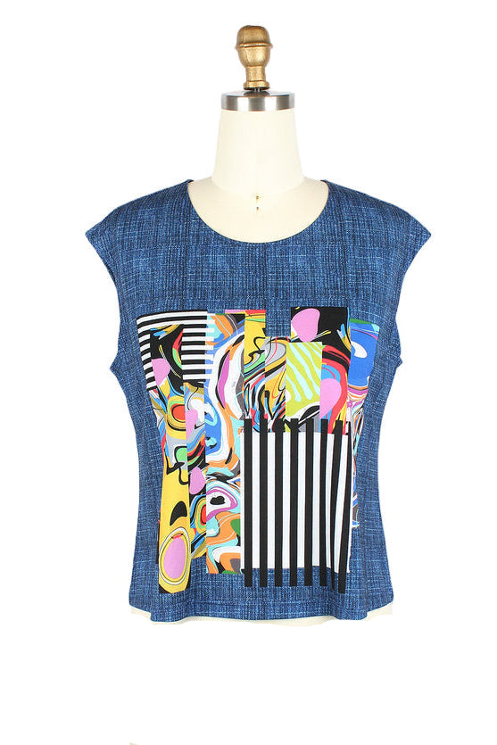 Denim & Abstract Art Print Mesh Twin Set - 31439