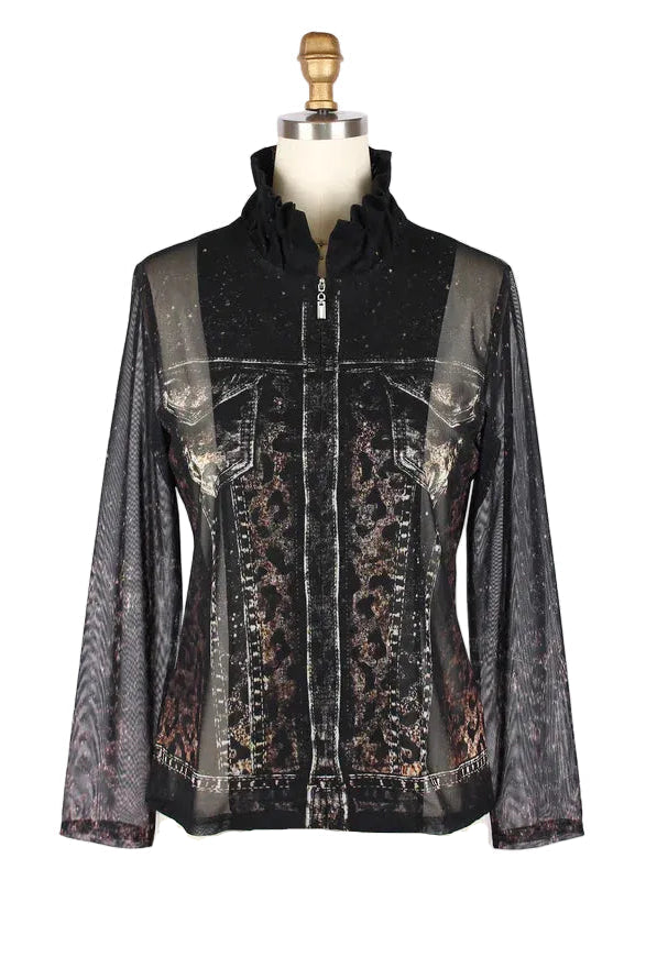 Denim & Animal Print Mesh Jacket & Knit Shell Twin Set - 31445