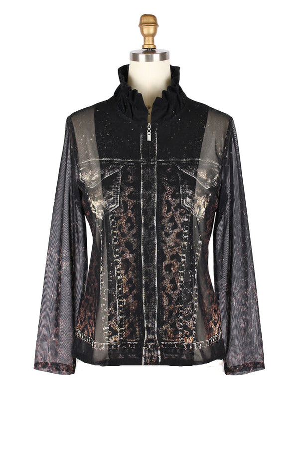 Denim & Animal Print Mesh Jacket & Knit Shell Twin Set - 31445