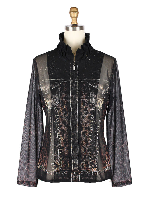 Denim & Animal Print Mesh Jacket & Knit Shell Twin Set - 31445