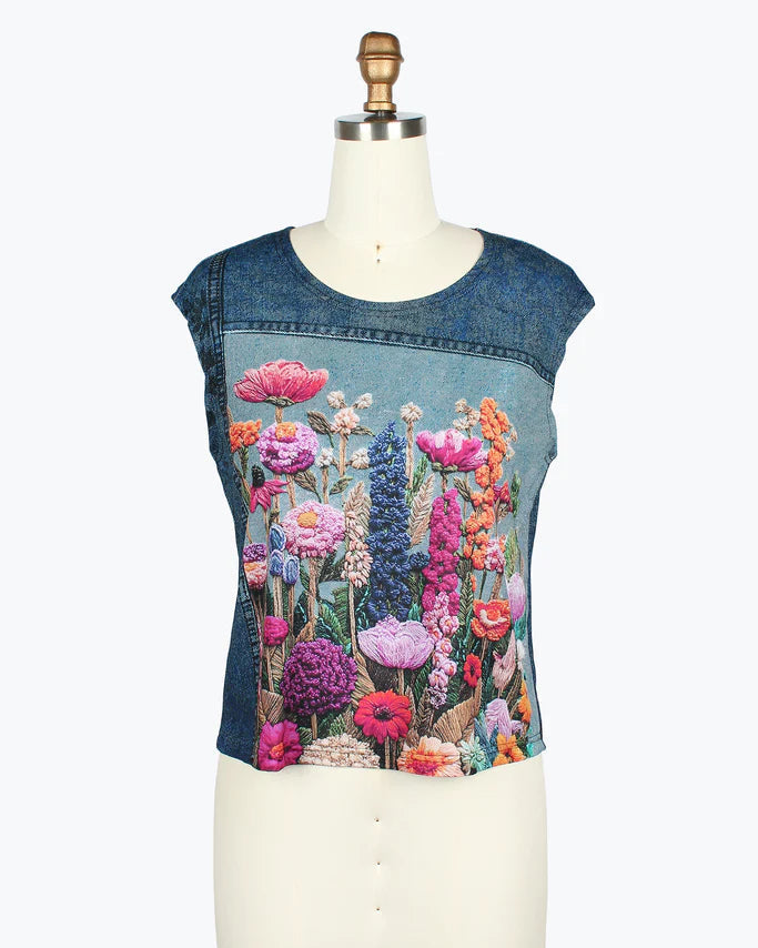 Floral & Denim Print Mesh Twin Set - 31453