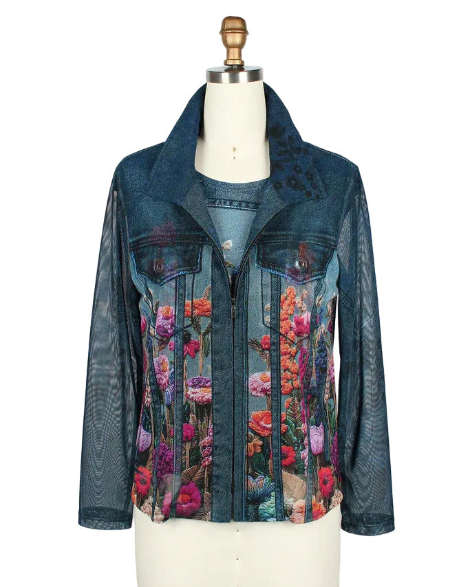 Floral & Denim Print Mesh Twin Set - 31453