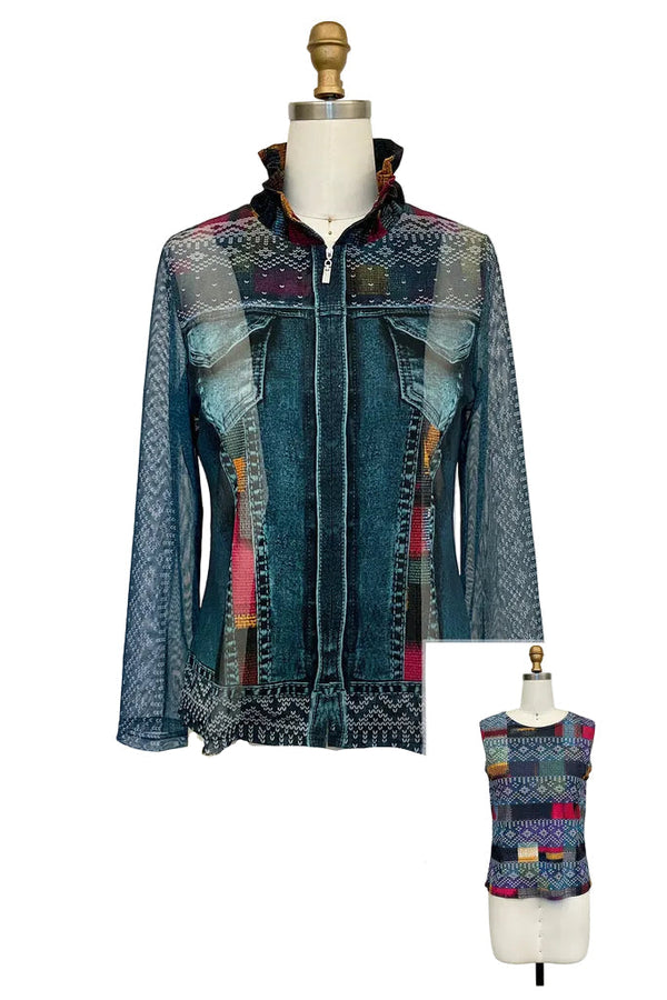 Just In! Geometric & Denim Print Mesh Jacket & Soft Knit Tank - 31456