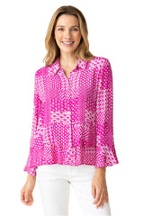 Patchwork Print Flounce Shirt in Fuchsia - 31625