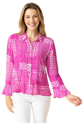 Patchwork Print Flounce Shirt in Fuchsia - 31625