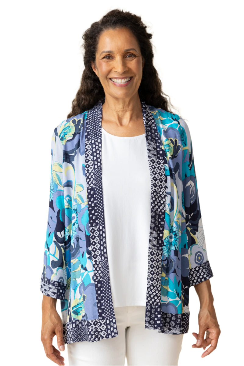 Floral-Print Open Front Rayon Kimono in Indigo Blue Multi - 31740