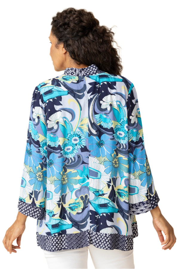 Floral-Print Open Front Rayon Kimono in Indigo Blue Multi - 31740