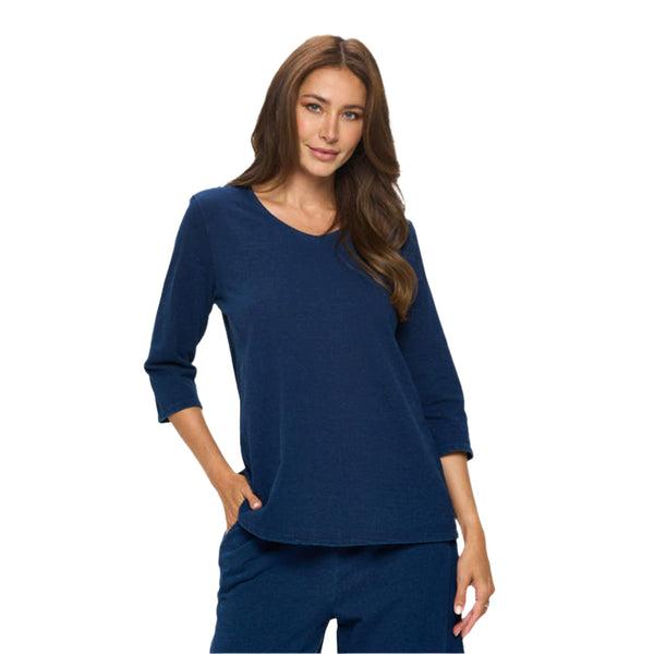 Soft Denim Knit V-Neck Top in Indigo - D158